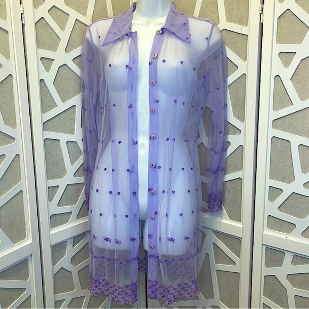 {hugo buscati} Vintage Purple Sheer Embroidered Button Up Tunic Long Sleeve Top